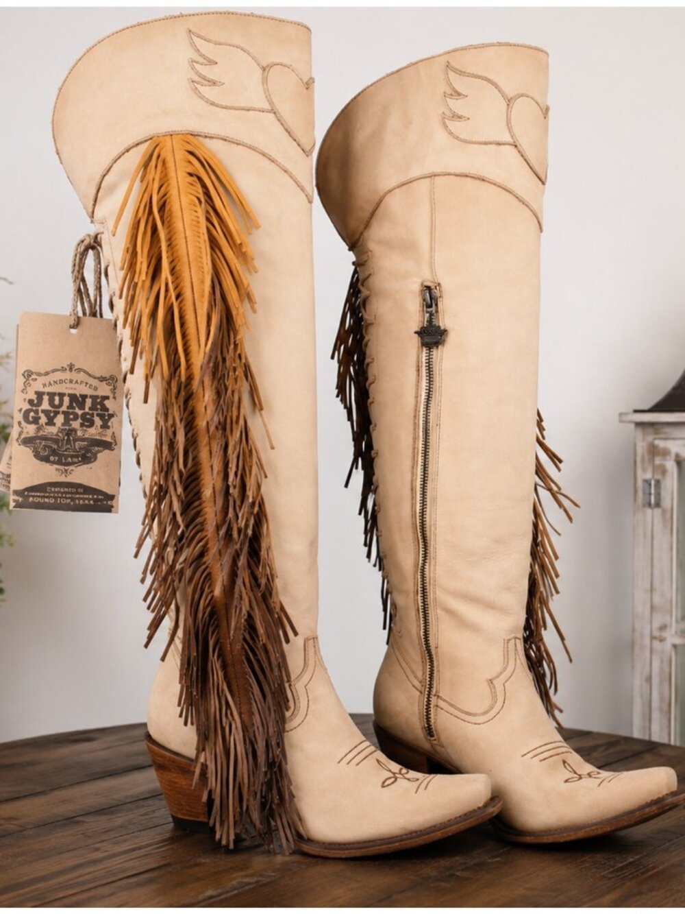 Junk Gypsy by Lane Tall Fringe Western Boots Women’s 7.5 Tan Leather Heart Wing